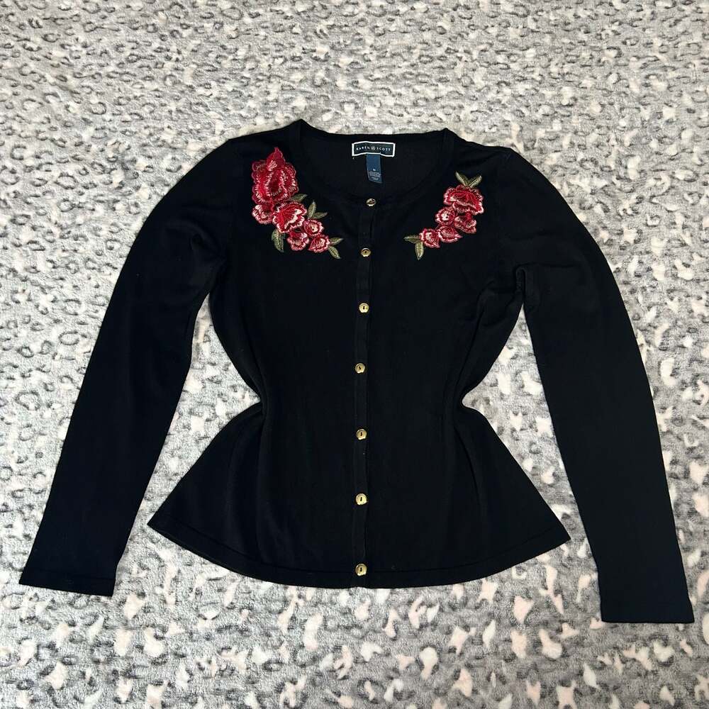 Karen Scott Black Floral Embroidered Button Cardigan Sweater